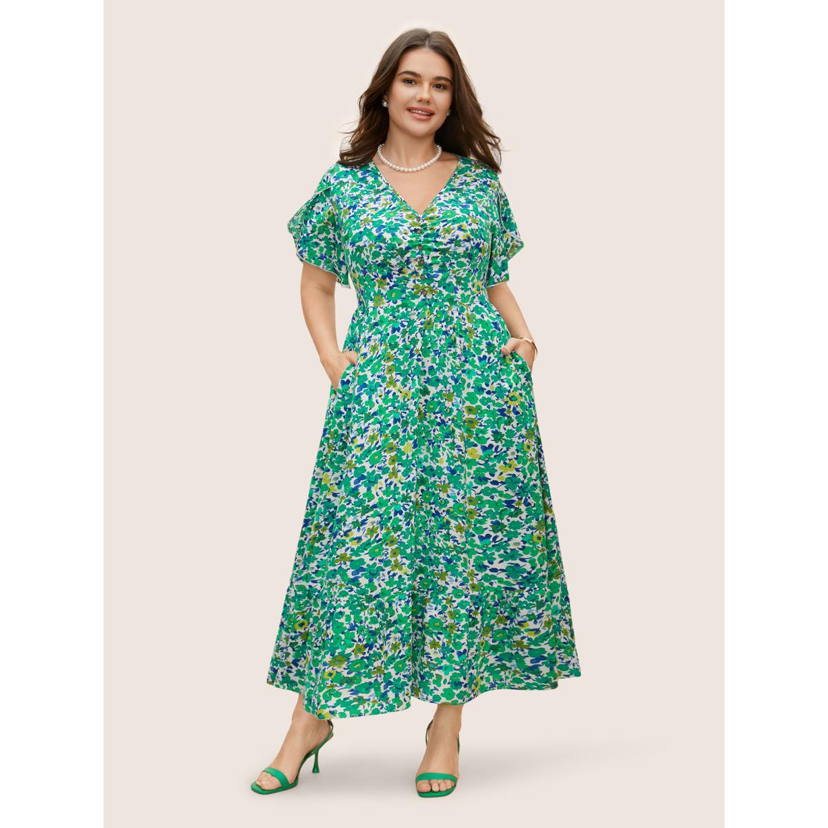 Plus Size Floral Button Detail Petal Sleeve Maxi Dress Malachitegreen Women Elegant Gathered V-neck Short sleeve Curvy BloomChic 14-16/1X Product Image