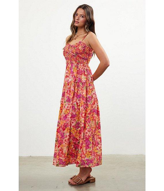 Skies Are Blue Floral Print Sweetheart Neck Sleeveless Smocked Bust Maxi Dress Product Image