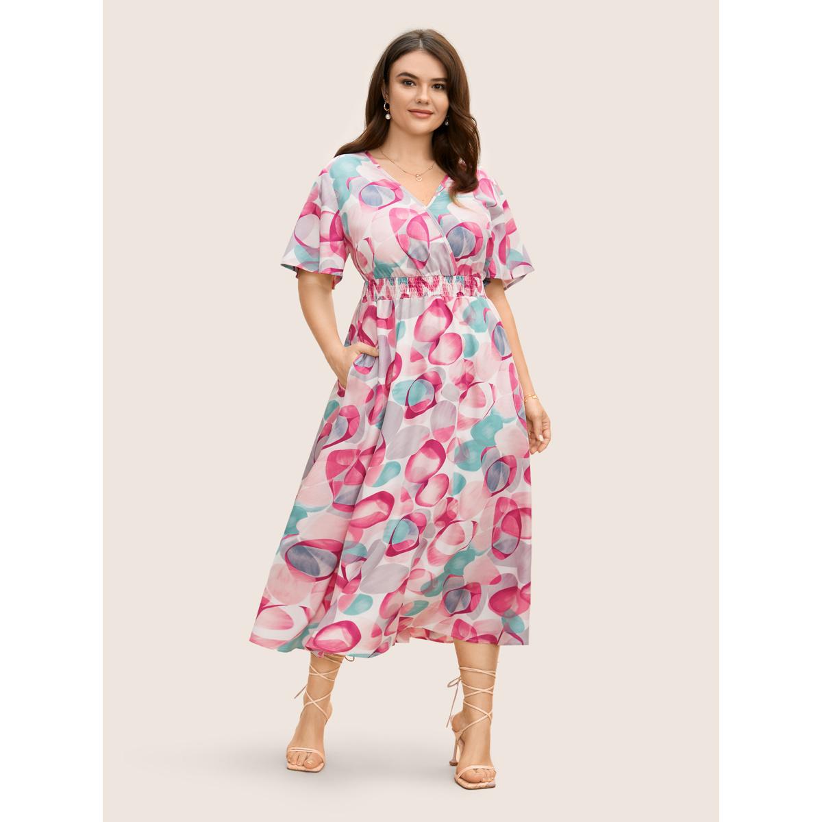 Plus Size Asymmetrical Colorblock Overlap Collar Midi Dress Multicolor Women Elegant Shirred Overlap Collar Short sleeve Curvy BloomChic 22-24/3X Product Image