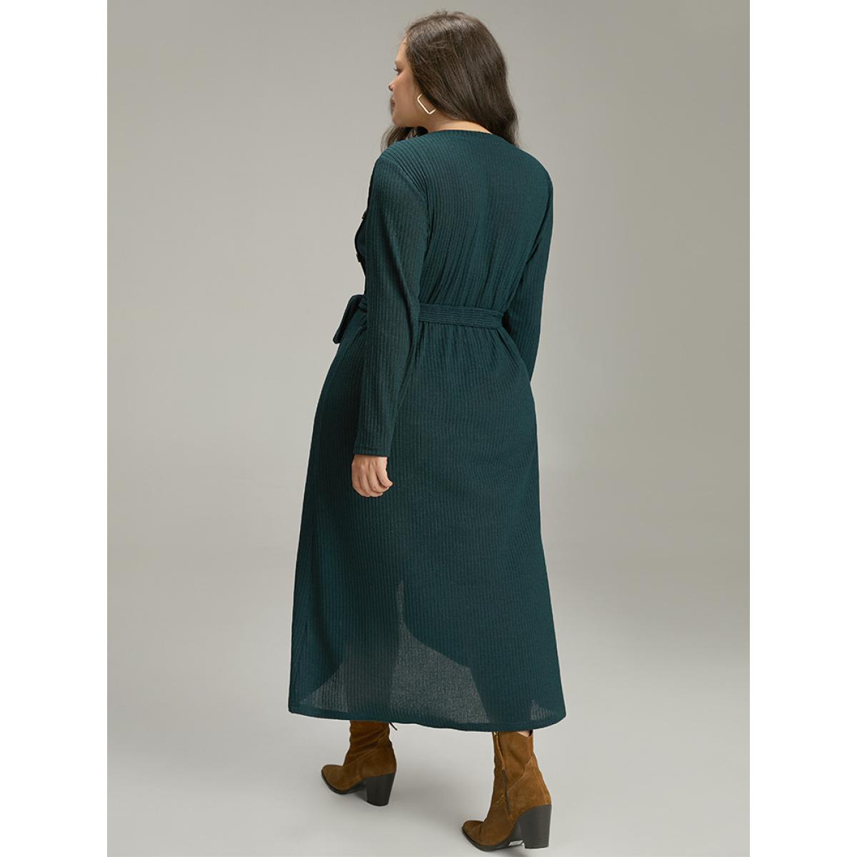 Plus Size Rib Knit Button Detail Belted Wrap Hem Dress Cyan Women Casual Texture V-neck Long Sleeve Curvy Midi Dress BloomChic 14-16/1X Product Image