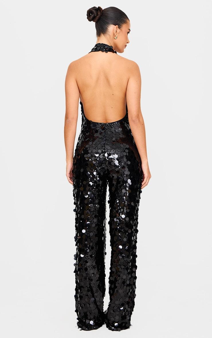 Black Sequin Halterneck Straight Leg Jumpsuit Product Image