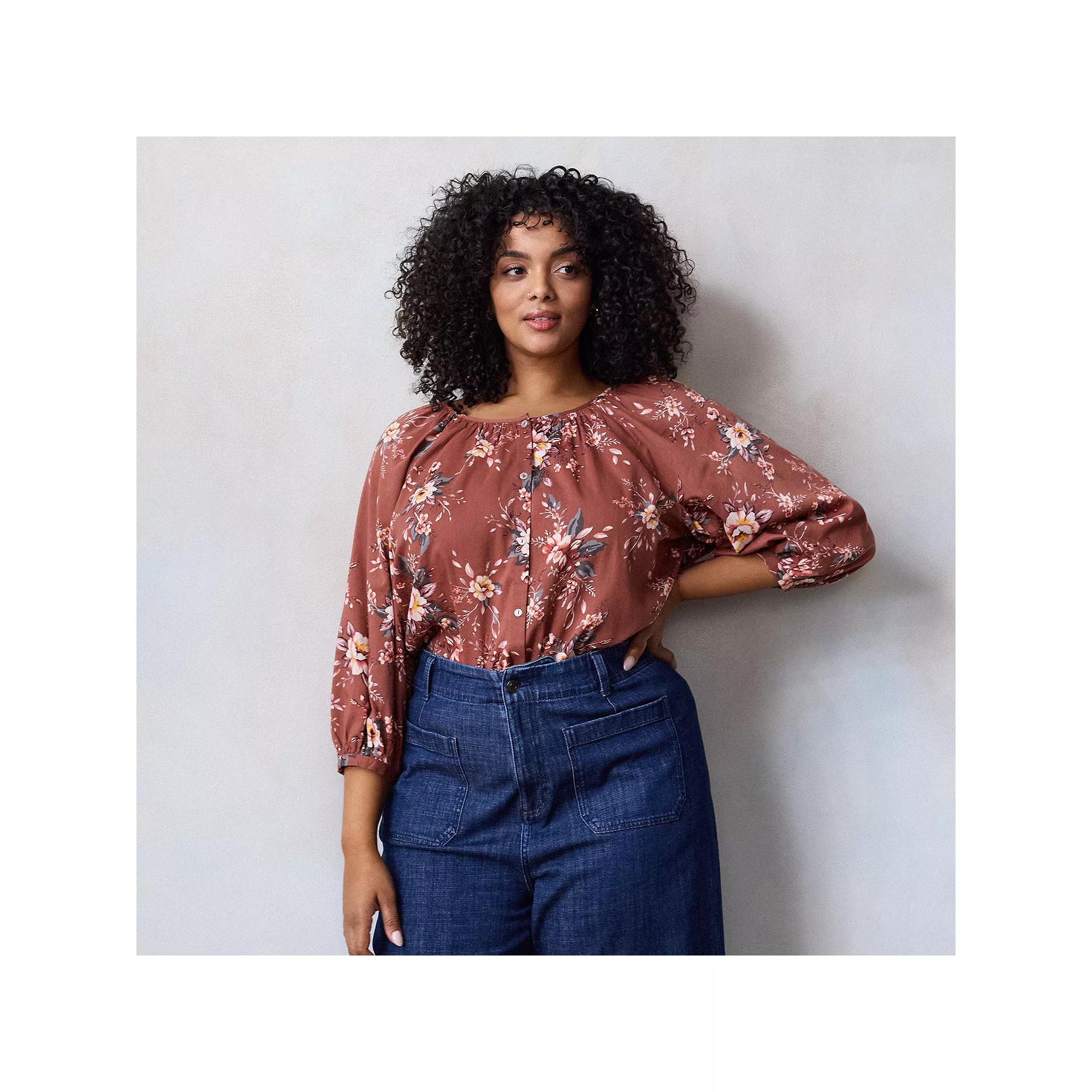 Plus Size LC Lauren Conrad Raglan Sleeve Button Front Peasant Top, Women's, Size: 3XL, Red Genevieve Garden Product Image