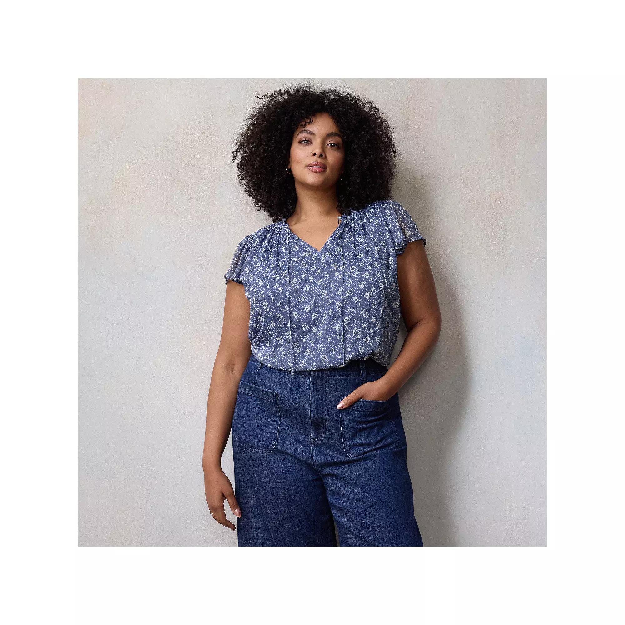 Plus Size LC Lauren Conrad Tie Front Ruffled V-Neck Shell, Women's, Size: 3XL, Blue Dottie Fleur Product Image