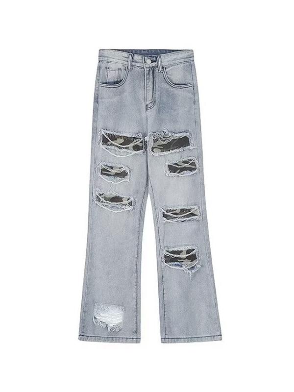 Men's Ripped Camo Print Loose Jeans Product Image