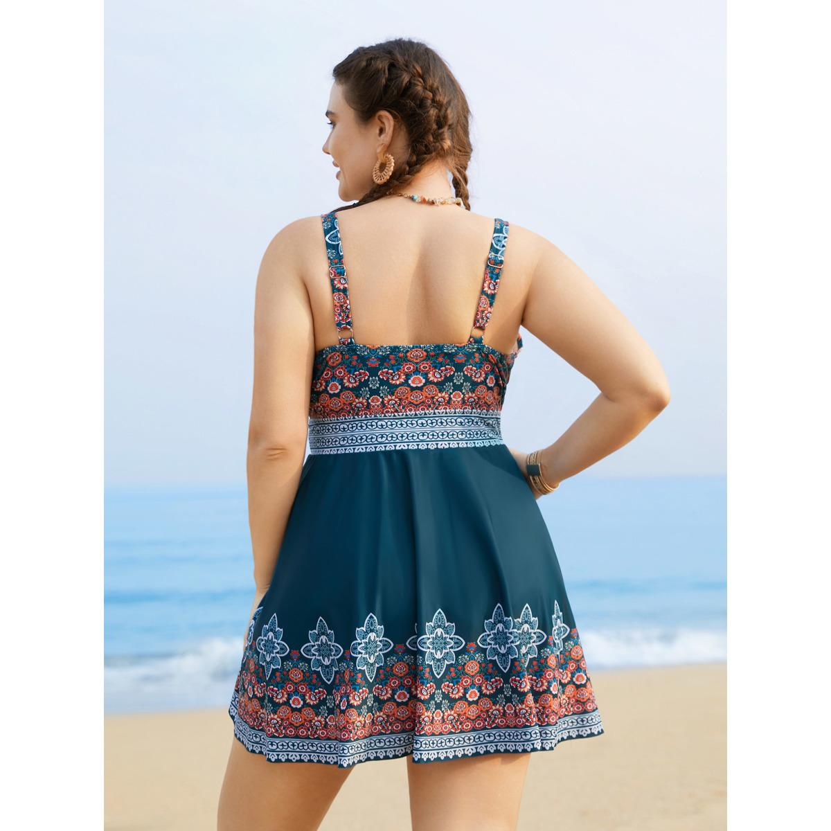 Plus Size Boho Print Surplice Neck Adjustable Swim Dress Women's Swimwear Cyan Beach Bodycon Overlap Collar High stretch Curve Swim Dresses BloomChic 28/5X Product Image