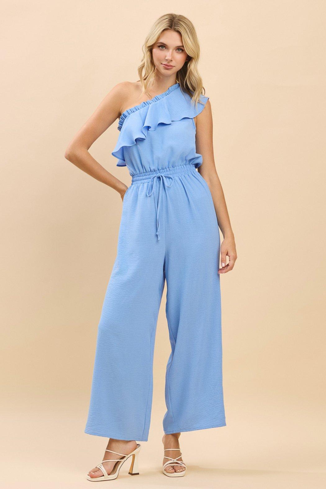 Savanna One-Shoulder Ruffle Wide Leg Jumpsuit Product Image