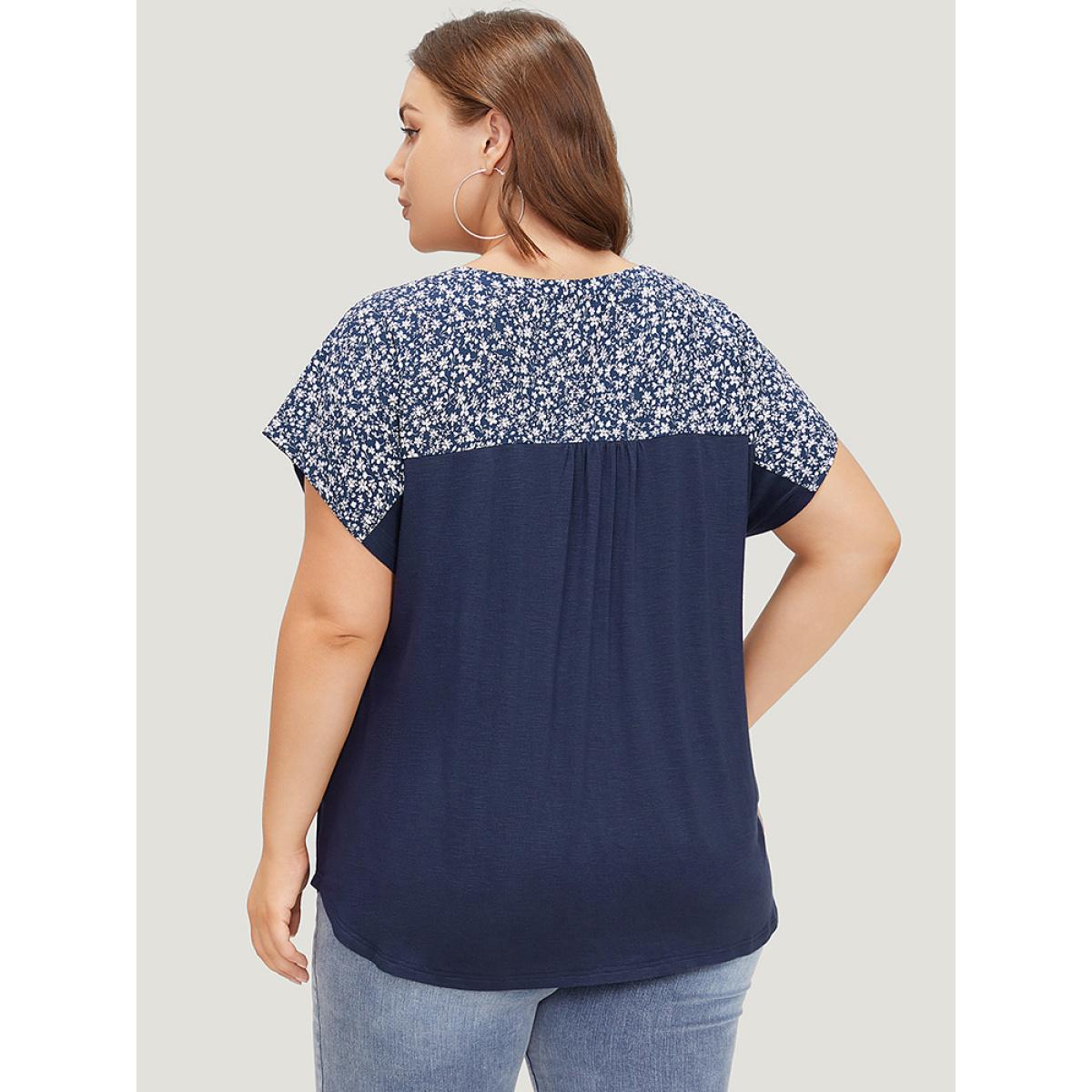 Plus Size Ditsy Floral Patchwork Lace Up Notched T-shirt Indigo Women Elegant Cross straps Ditsy Floral Notched collar Dailywear T-shirts BloomChic 28/5X Product Image