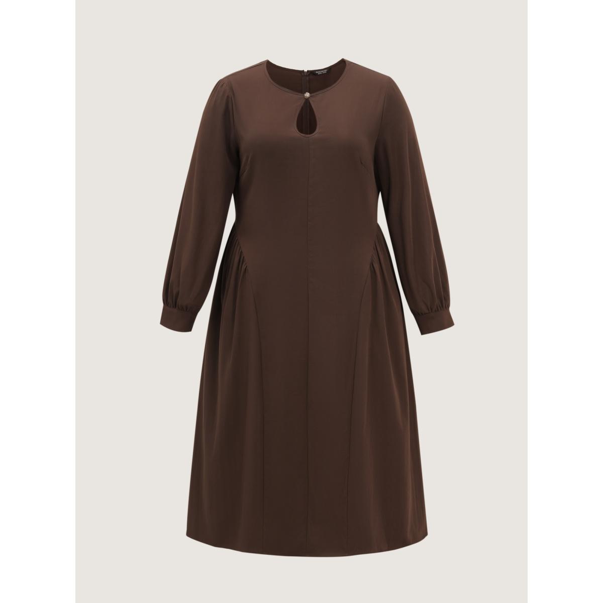 Plus Size Round Neck Cut Out Solid Midi Dress Browncoffeecolor Women Office Round Neck Extra Long Sleeve Curvy BloomChic 30/6X Product Image