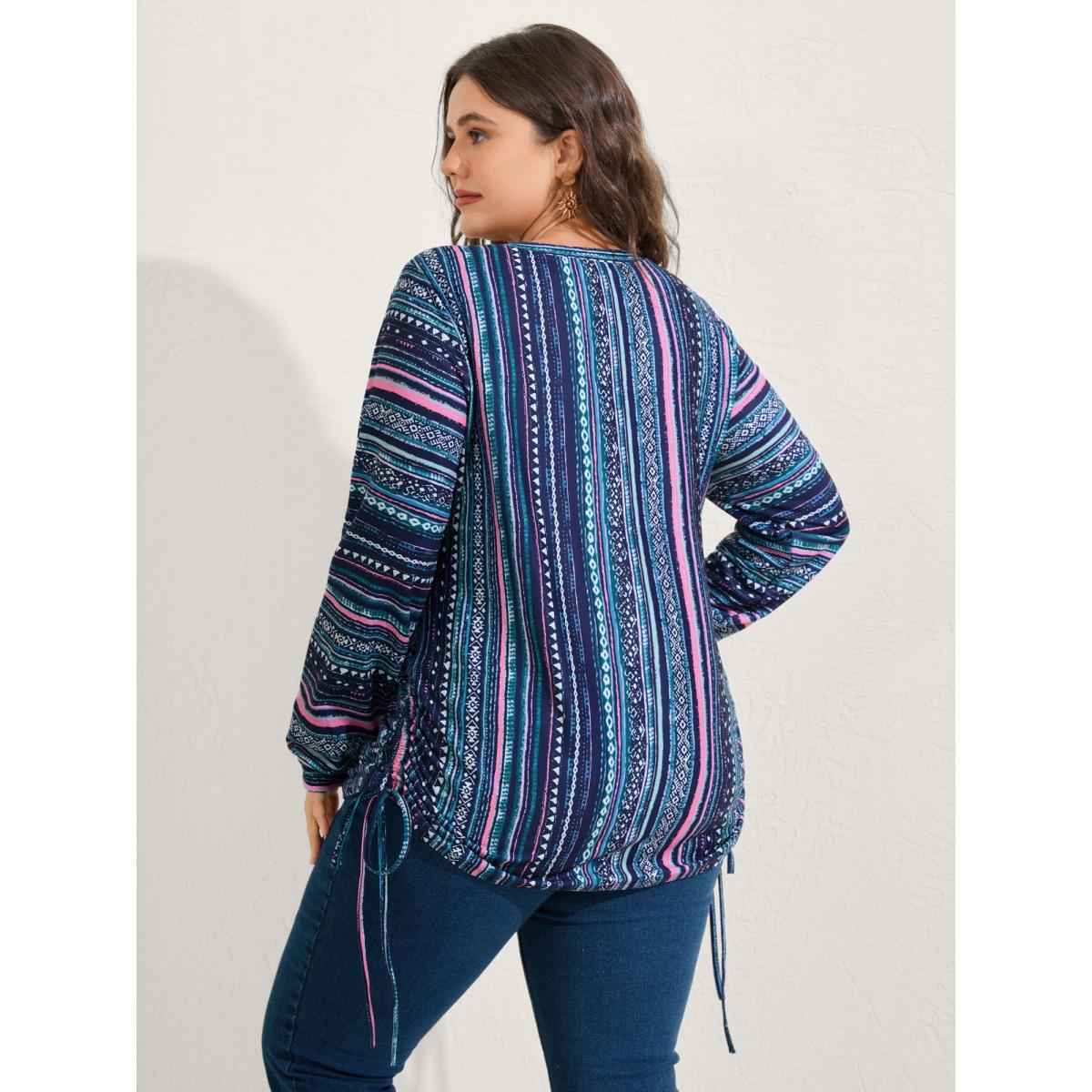 Plus Size Striped Drawstring Color Contrast Sweatshirt Women DarkBlue Boho Round Neck Vacation Sweatshirts BloomChic 26/4X Product Image