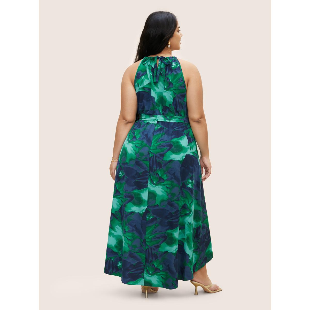 Plus Size Halter Watercolor Floral Belted Dress Emerald Women Elegant Gathered Halter neck Sleeveless Curvy BloomChic 28/5X Product Image