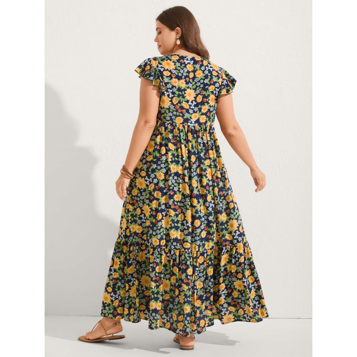 Plus Size Sweet Floral Lace Trim Tiered Maxi Dress Indigo Women V-neck Cap Sleeve Curvy BloomChic 28/5X Product Image