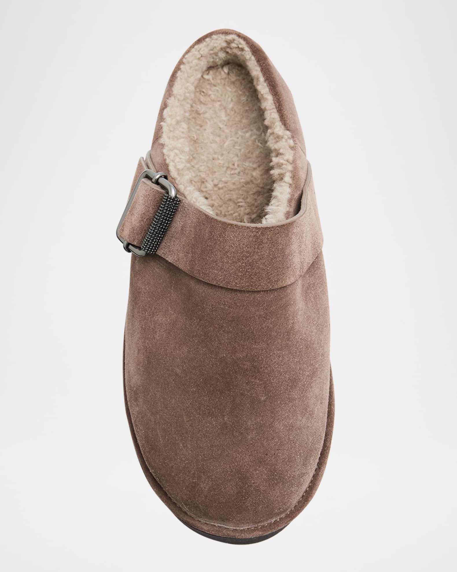 Shiny Detail Shearling-Lined Suede Mules Product Image