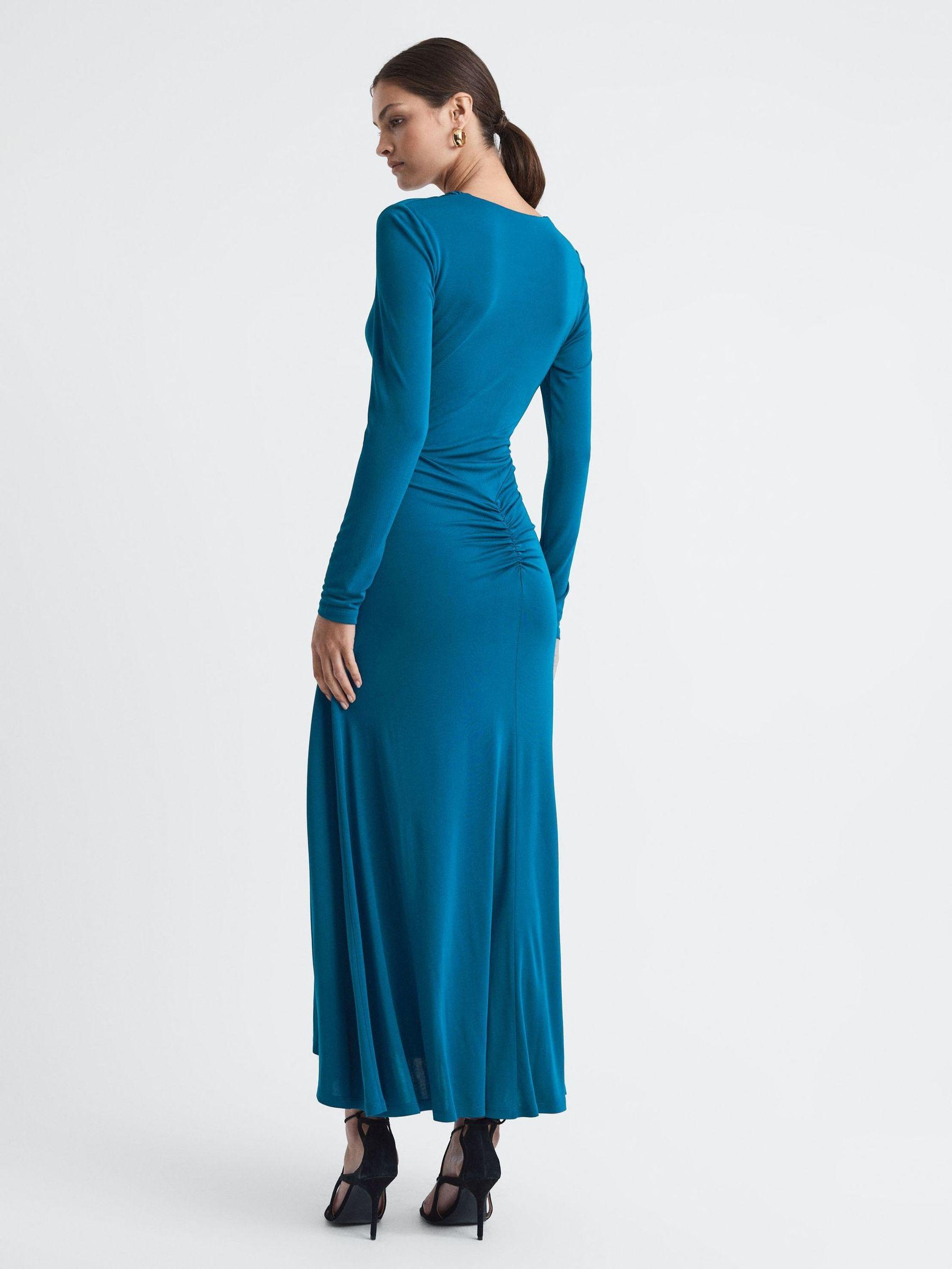 Plunge Neck Ruche Midi Dress in Teal Product Image