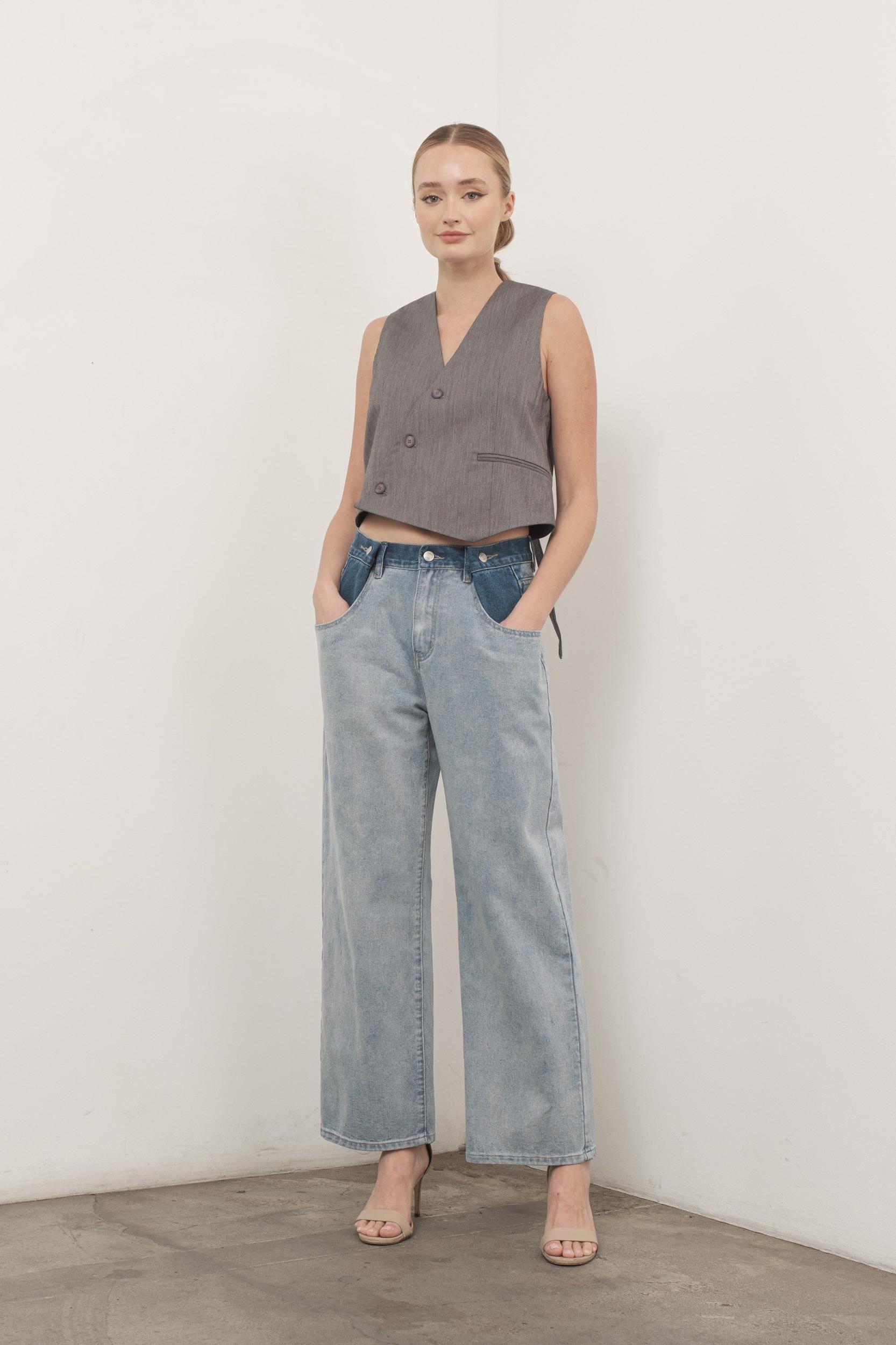 Color Block Denim Pants Product Image