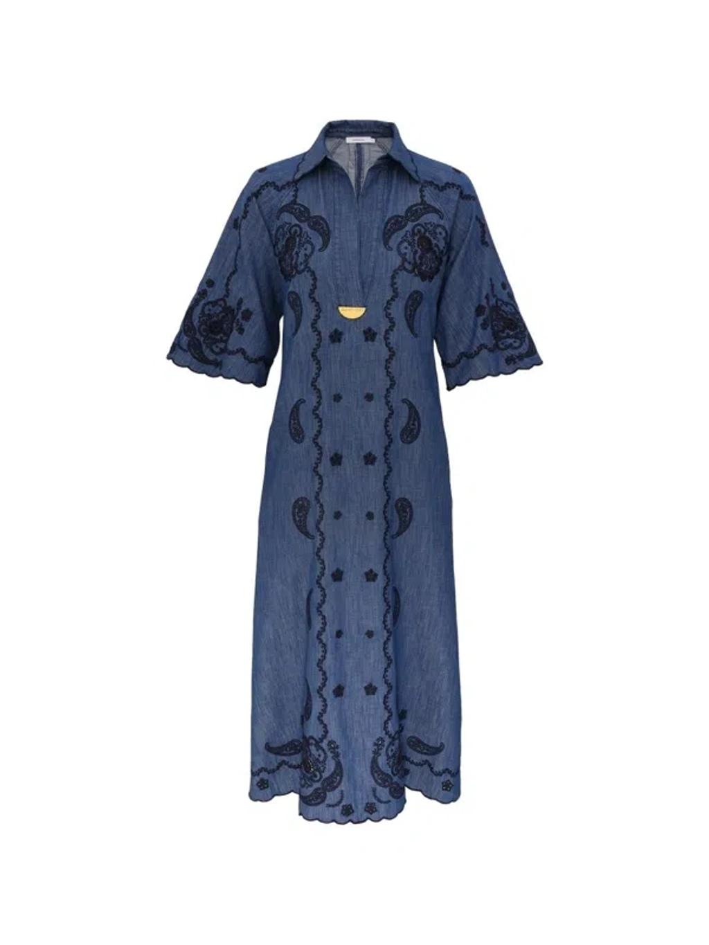 ZIMMERMANN Womens Railway Blue Aster Embroidered Denim Midi Dress Xs Product Image