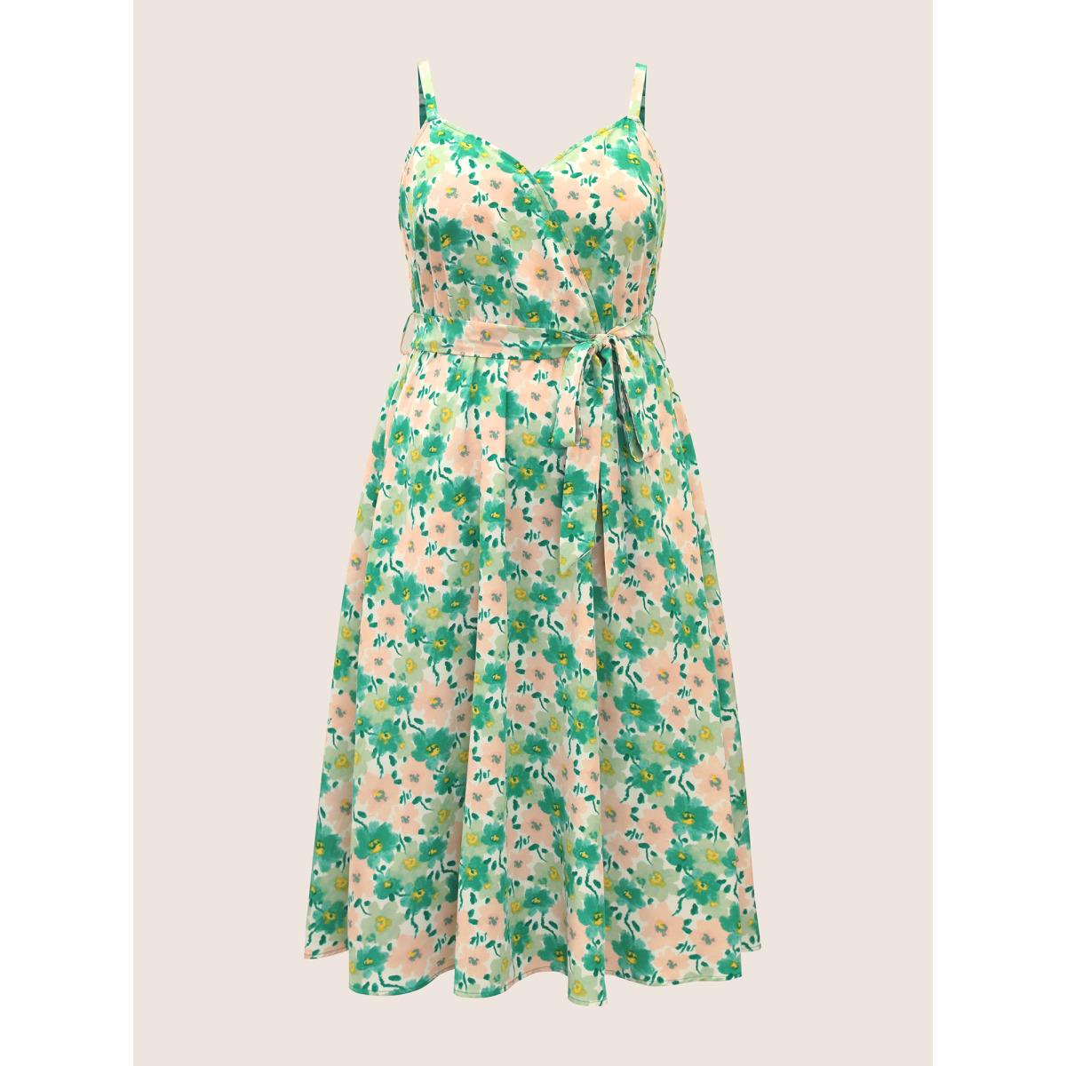 Plus Size Floral Surplice Neck Belted Midi Dress Applegreen Women Elegant Belted Non Sleeveless Curvy BloomChic 22-24/3X Product Image