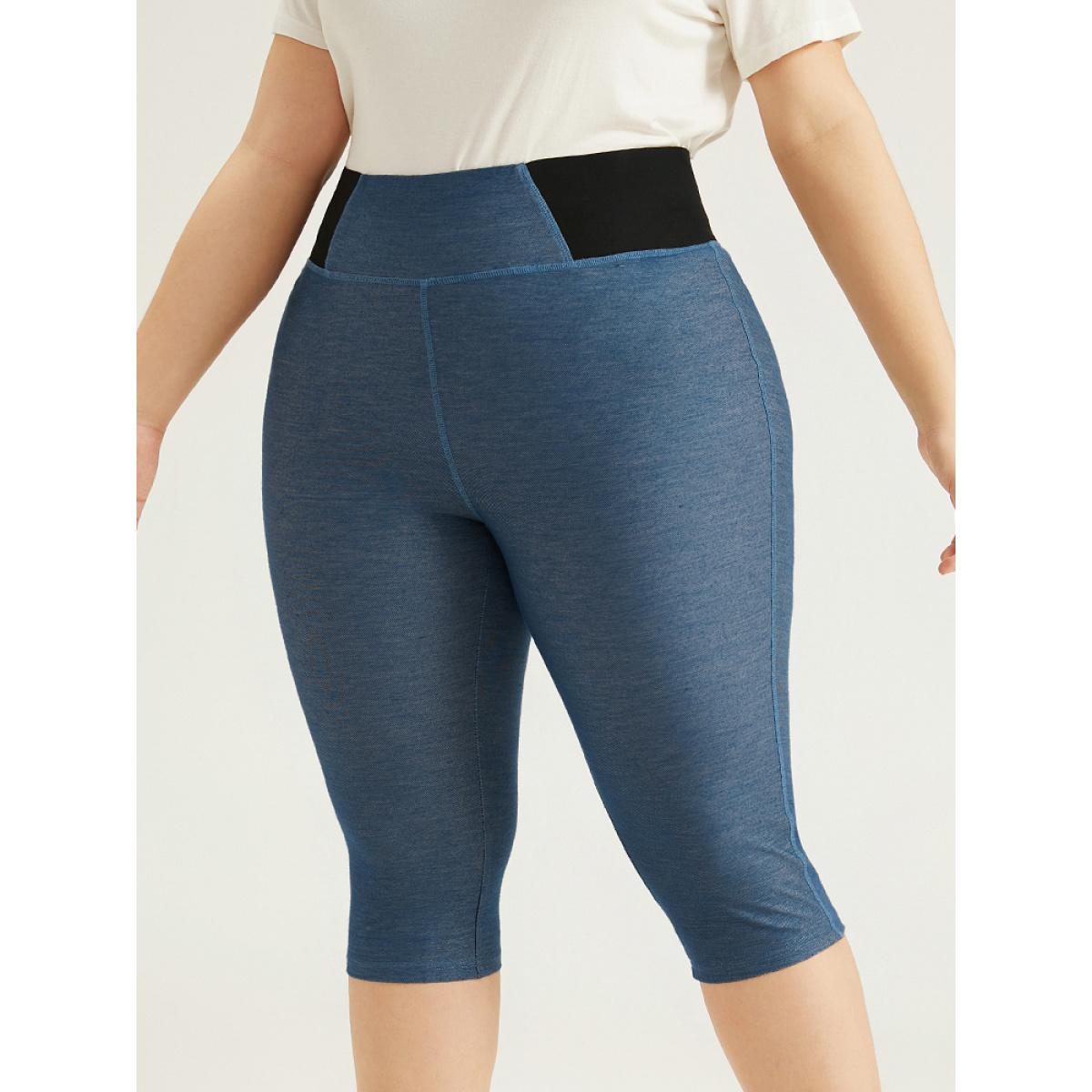 Plus Size Patchwork Contrast Pocket Leggings Women DarkBlue Casual High stretch Skinny High Rise Dailywear Leggings BloomChic 28/5X Product Image