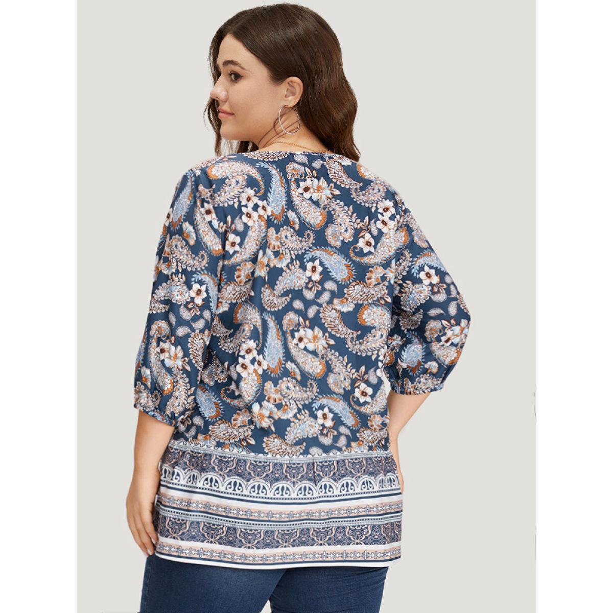 Plus Size Multicolor Paisley Print Patchwork V Neck Blouse Women Vacation Elbow-length sleeve V-neck Dailywear Blouses BloomChic 18-20/2X Product Image
