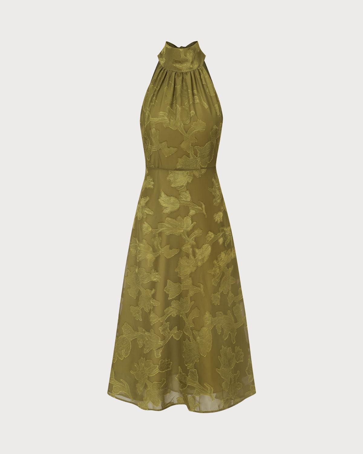 The Green Jacquard Ruched Halter Midi Dress Product Image