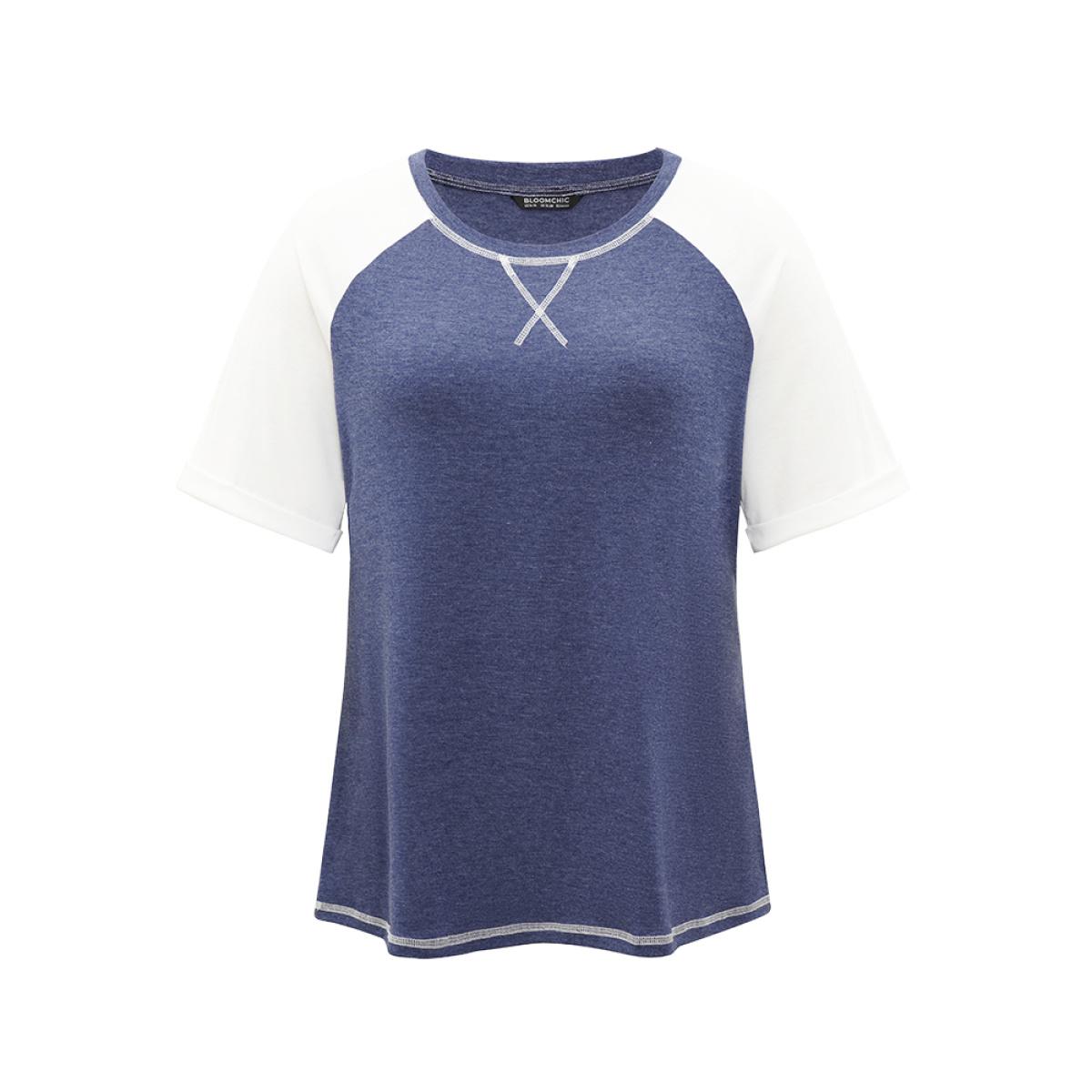 Plus Size Supersoft Essentials Two Tone Stitch Roll Raglan Sleeve T-shirt DarkBlue Women Casual Contrast Colorblock Round Neck Dailywear T-shirts BloomChic 14-16/1X Product Image