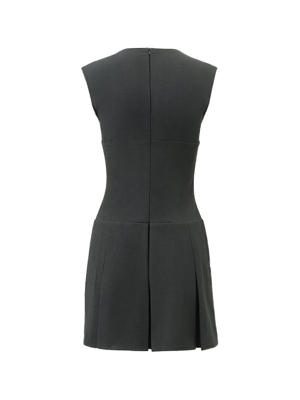 Solid V Neck Corset Pleated Sleeveless Mini Dress Product Image