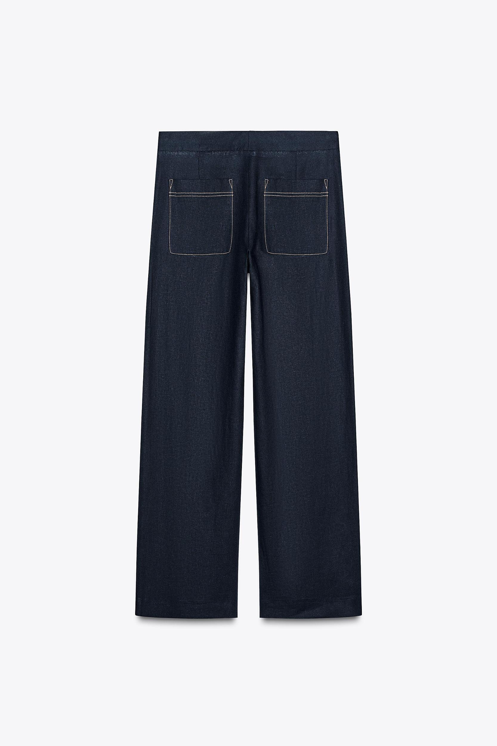 STRAIGHT FIT LINEN PANTS WITH TOPSTITCHING Product Image