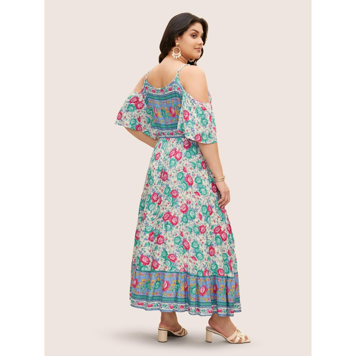 Plus Size Floral Print Pocket Keyhole Ruffles Cold Shoulder Maxi Dress Bluepurple Women Resort Non Non Half Sleeve Curvy Long Dress BloomChic 18-20/2X Product Image