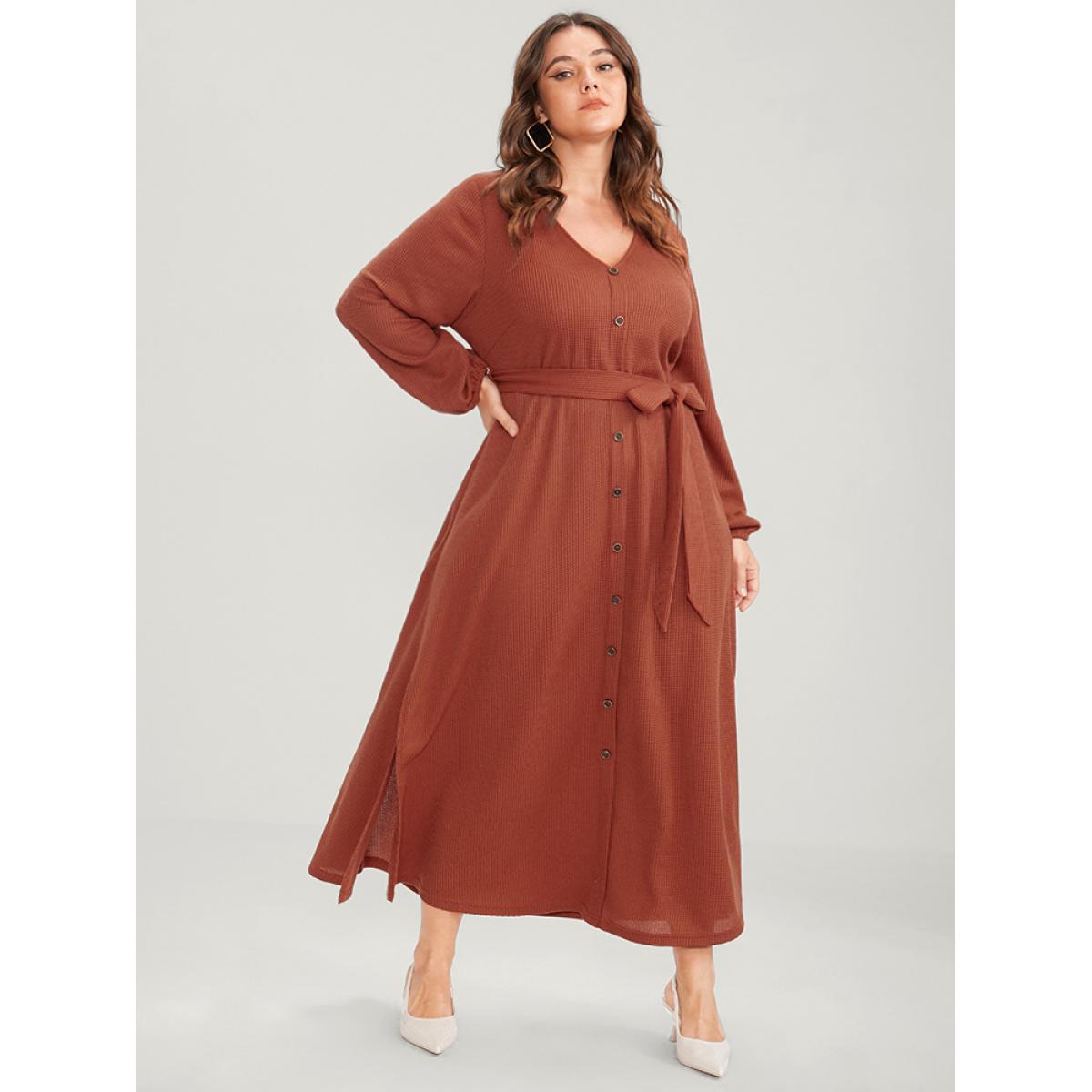 Plus Size Solid Lantern Sleeve Pocket Button Detail Waffle Knit Belted Dress Rust Women Elegant Button V-neck Long Sleeve Curvy Long Dress BloomChic 10/M Product Image