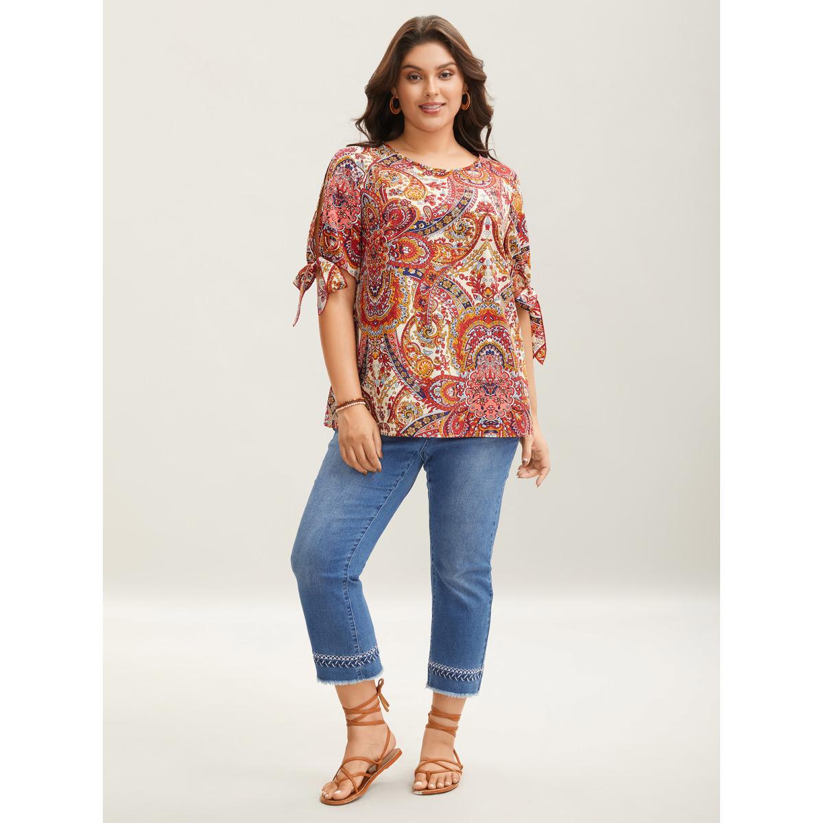 Plus Size Multicolor Paisley Print Round Neck Tied Shirt Women Boho Short sleeve Round Neck Vacation Blouses BloomChic 30/6X Product Image