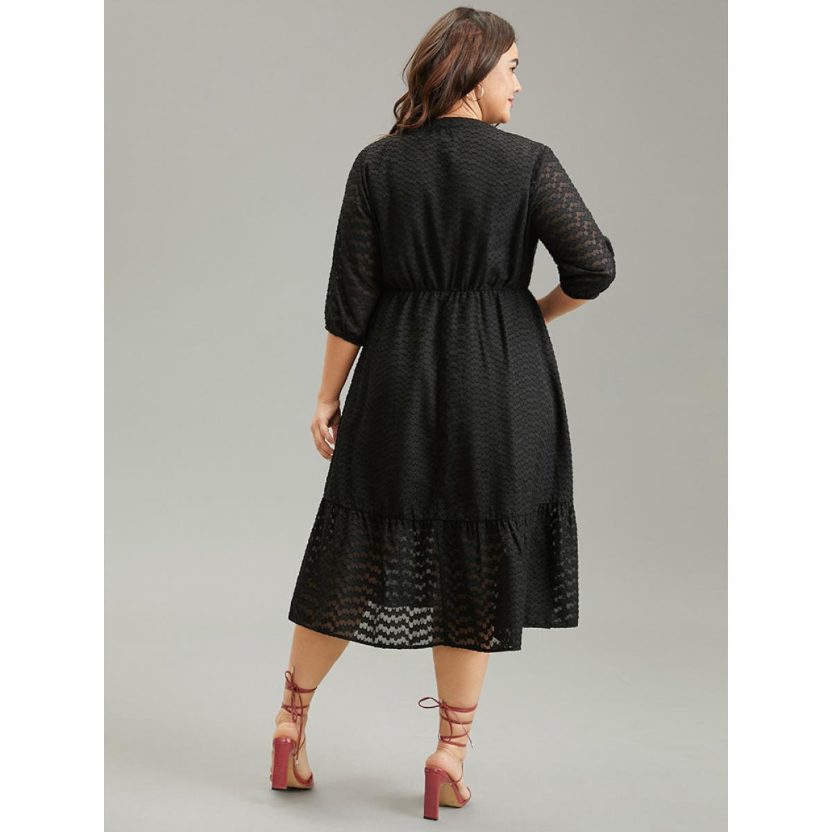 Plus Size Solid Textured Notched Elastic Waist Chiffon Dress Black Women Elegant Texture Notched collar Elbow-length sleeve Curvy Midi Dress BloomChic 22-24/3X Product Image