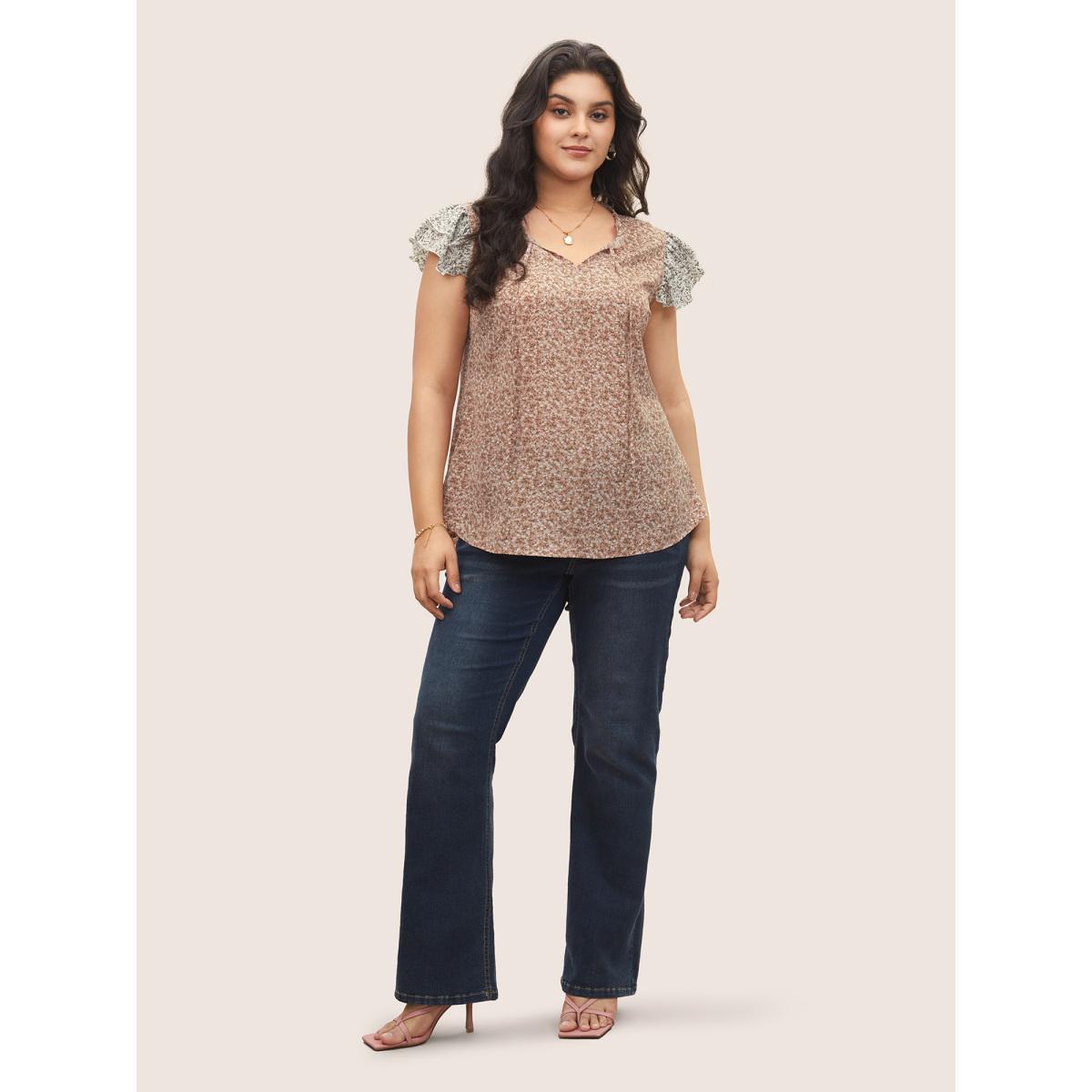 Plus Size Rouge Ditsy Floral Ties Patchwork Ruffle Cap Sleeve Blouse Women Elegant Cap Sleeve Ribbon-tied collar Everyday Blouses BloomChic 26/4X Product Image