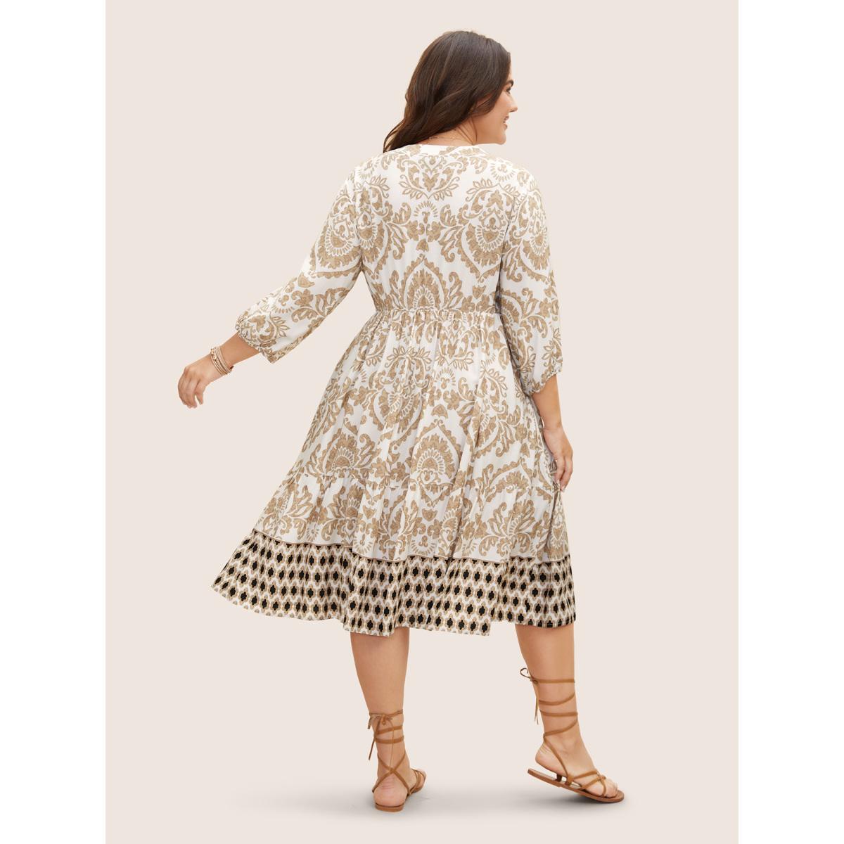 Plus Size Boho Print Tie Knot Lantern Sleeve Dress Tan Women Resort Tie knot V-neck Elbow-length sleeve Curvy BloomChic 22-24/3X Product Image