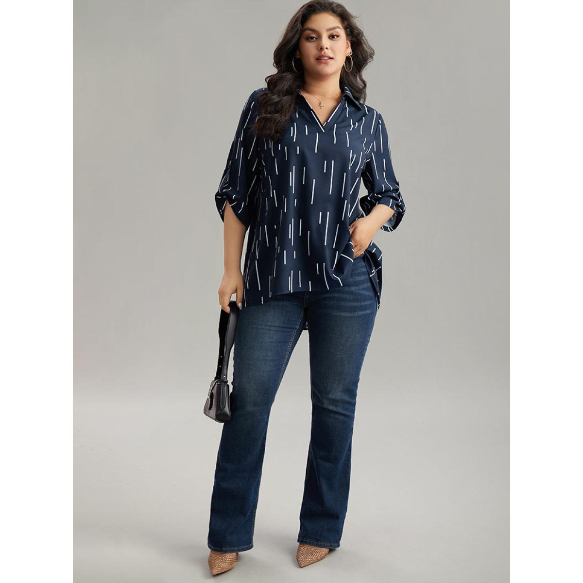 Plus Size Indigo Geometric Shirt Collar Roll Tab Sleeve Blouse Women Office Elbow-length sleeve Shirt collar Office Blouses BloomChic 14-16/1X Product Image