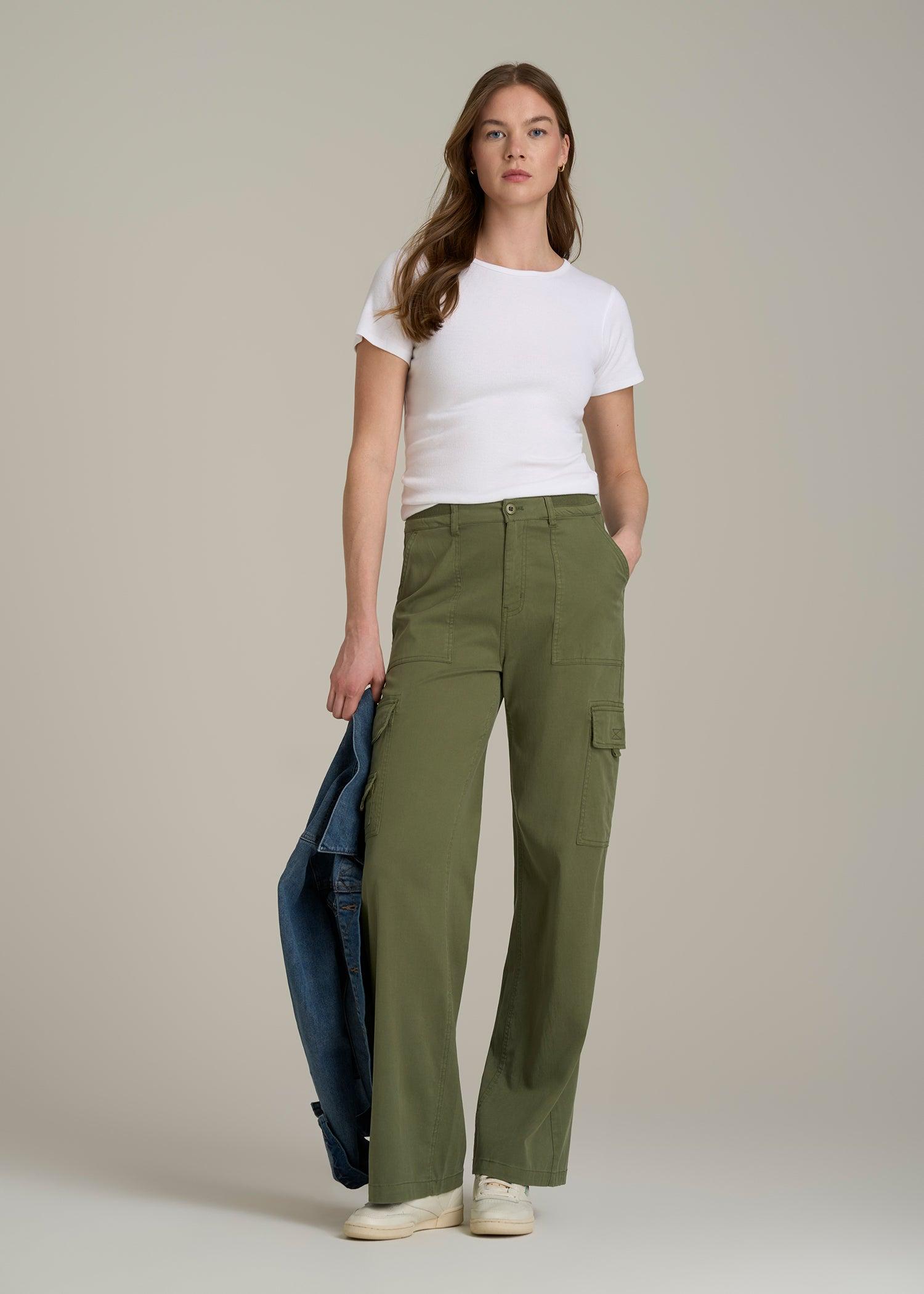 Garment Dyed Wide Leg Cargo Pants for Tall Women in Bright Olive Female Product Image