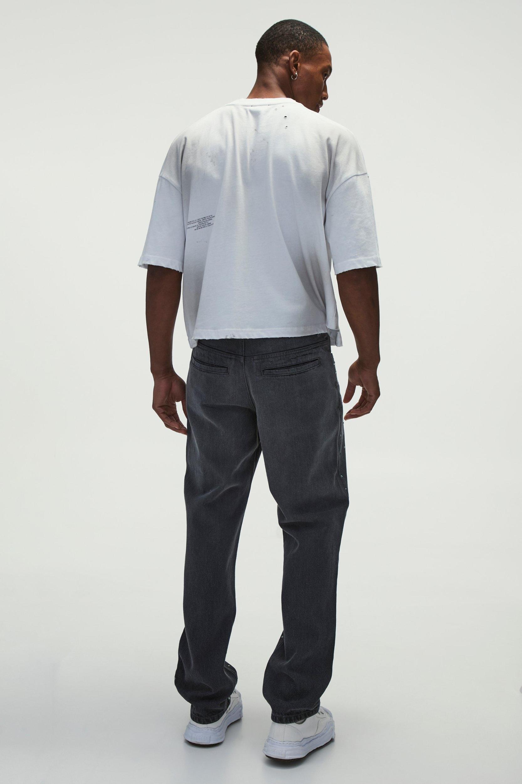 Rhinestone Studded Slogan Straight Fit Jeans | boohooMAN USA Product Image