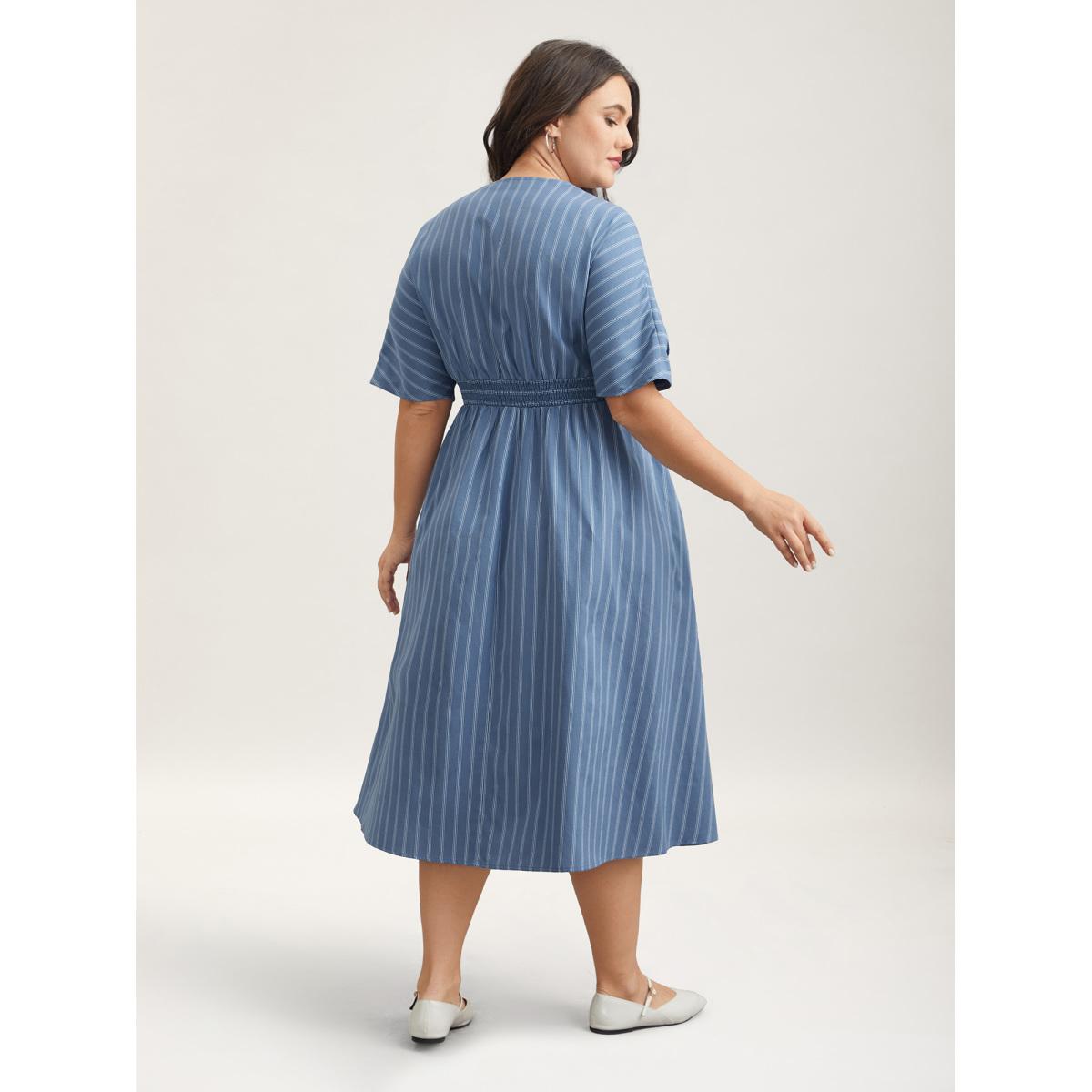 Plus Size Striped Surplice Neckline Shirred Midi Dress Stone Women Casual Shirred Overlap Collar Short sleeve Curvy BloomChic 28/5X Product Image