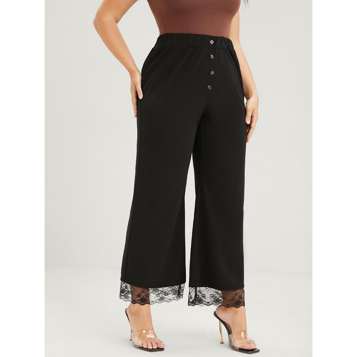 Plus Size Solid Fake Button Scalloped Lace Trim Elastic Waist Pants Women Black Elegant Loose High Rise Dailywear Pants BloomChic 18-20/2X Product Image