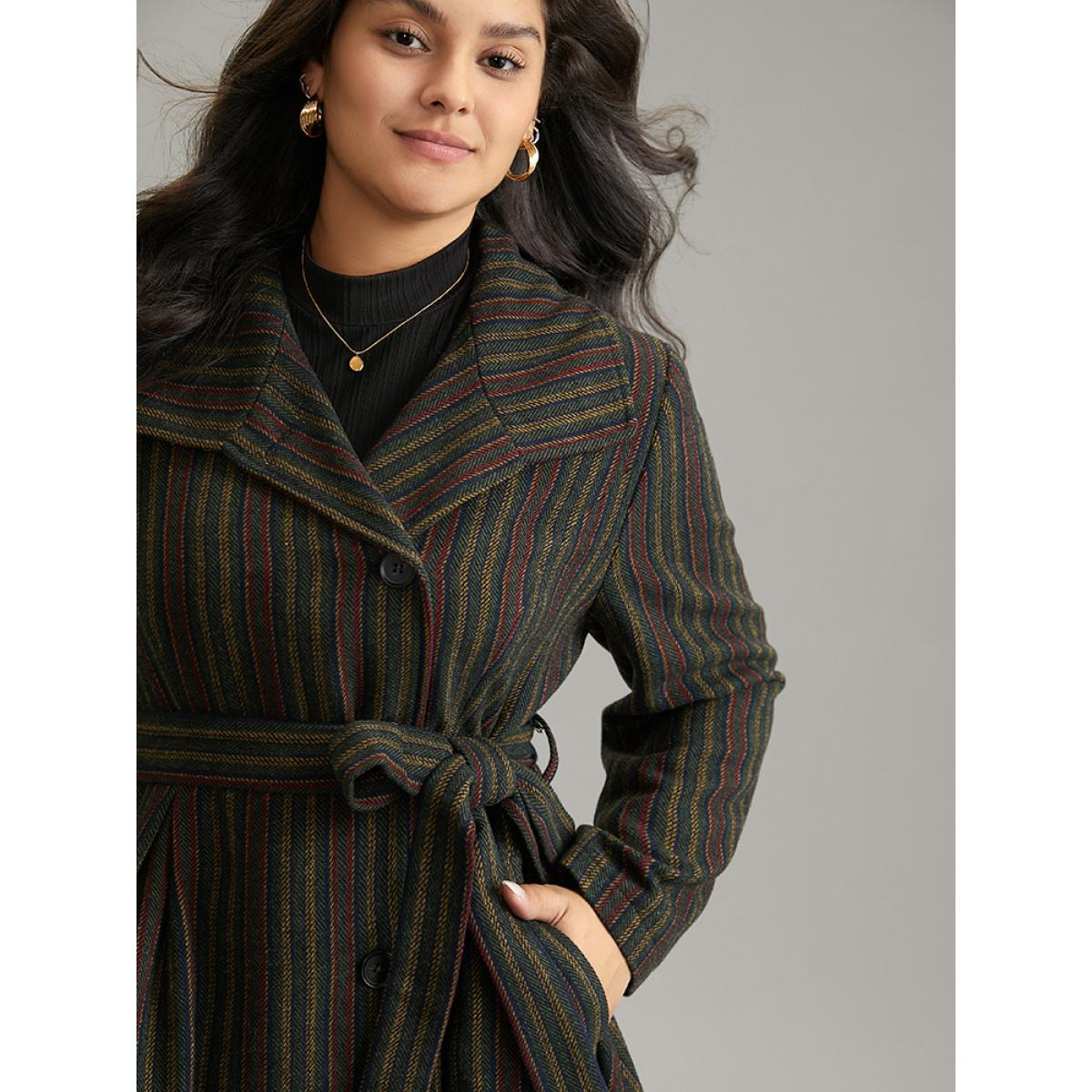 Plus Size Bandana Striped Lapel Collar Belted Woolen Coat Women Multicolor Casual Lined Ladies Dailywear Winter Coats BloomChic 22-24/3X Product Image