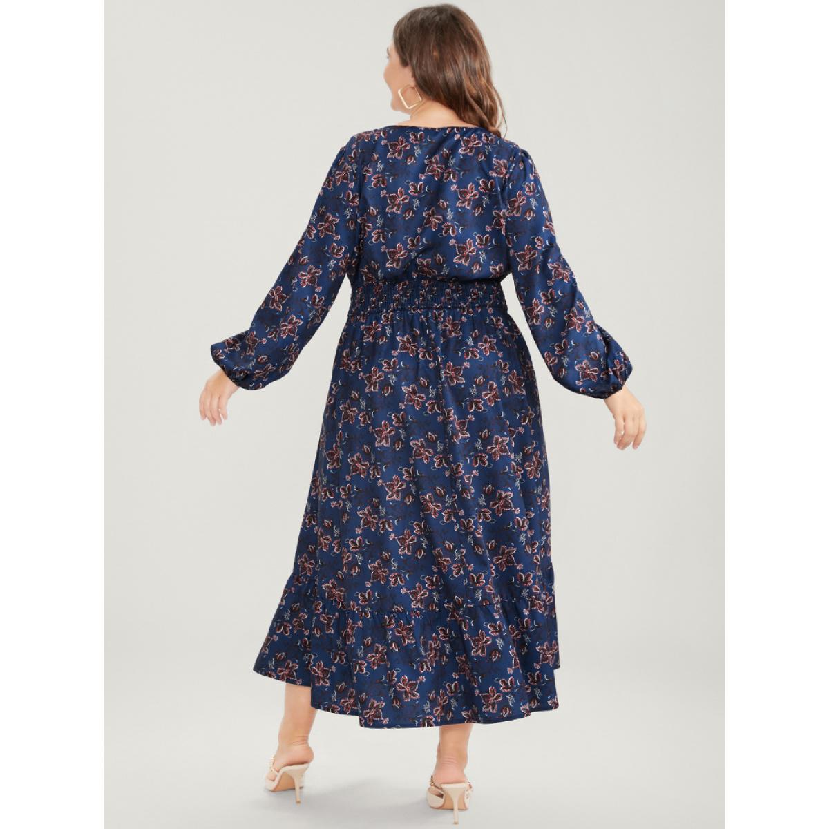Plus Size Floral V Neck Pocket Lantern Sleeve Shirred Split Dress DarkBlue Women Elegant Pocket V-neck Long Sleeve Curvy Midi Dress BloomChic 30/6X Product Image
