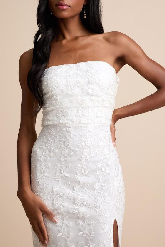 Tera White Floral Embroidered Strapless Midi Dress Product Image