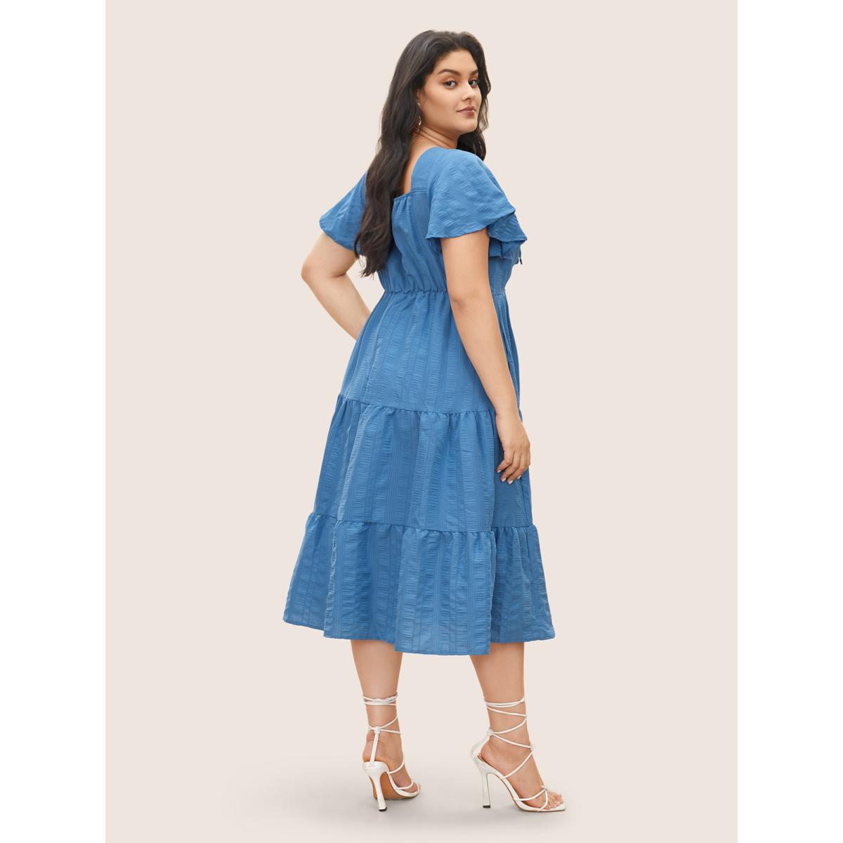 Plus Size Plain Ruched Drawstring Pocket Ruffle Tiered Dress Cerulean Women Timeless Non V-neck Short sleeve Curvy Midi Dress BloomChic 28/5X Product Image