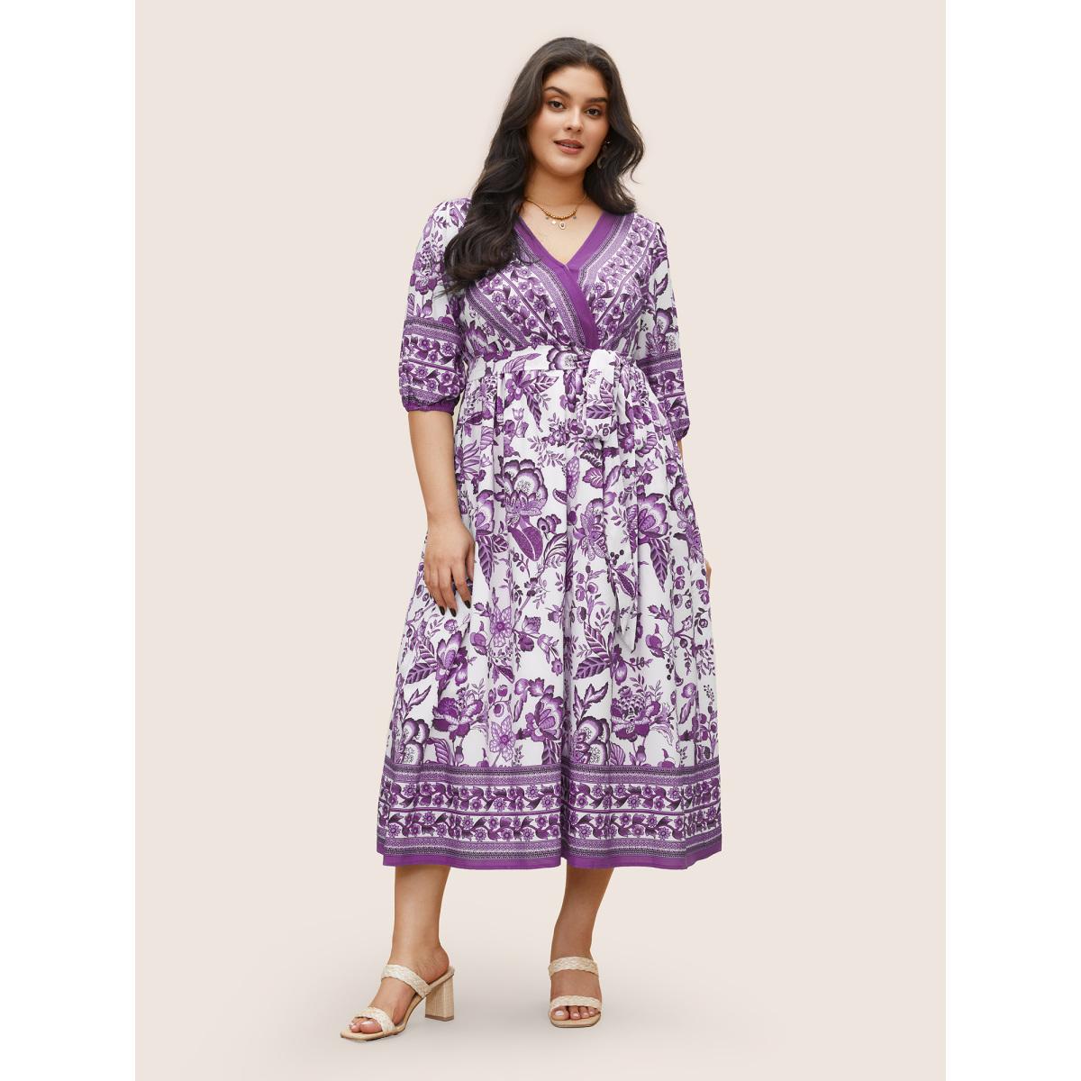 Plus Size Bandana Print Surplice Neck Lantern Sleeve Pocket Belted Midi Dress Deeppurplered Women Resort Non V-neck Half Sleeve Curvy Midi Dress BloomChic 22-24/3X Product Image