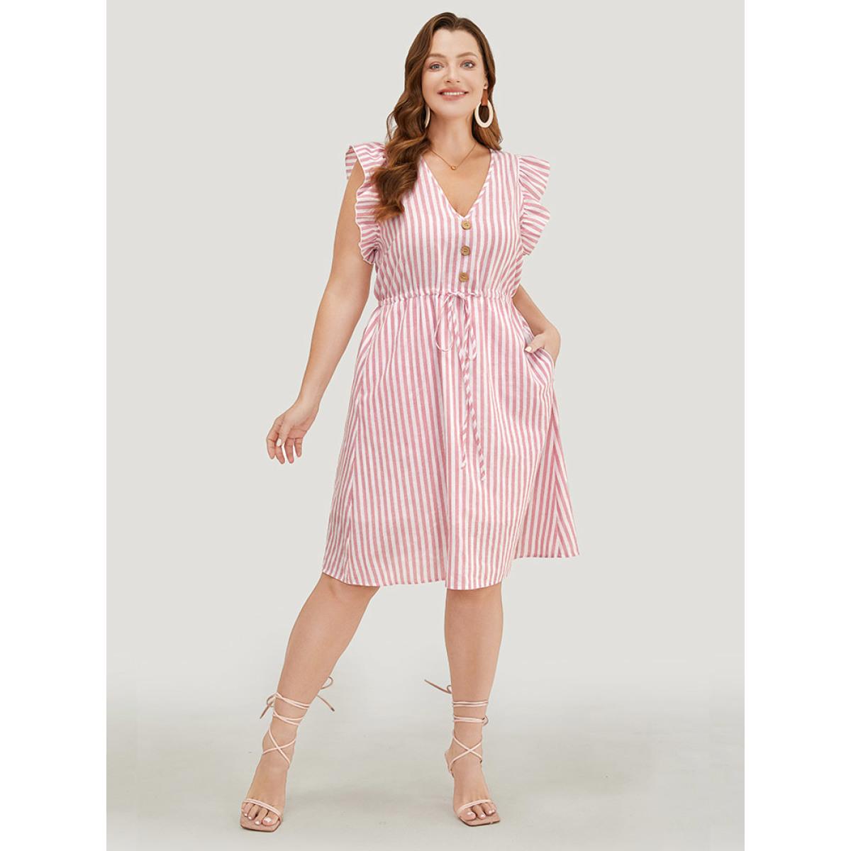 Plus Size Striped Print Button Detail Ruffle Trim Drawstring Dress Pink Women Vacation Drawstring V-neck Cap Sleeve Curvy Knee Dress BloomChic 18-20/2X Product Image
