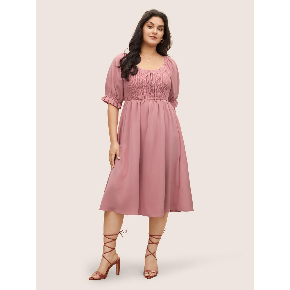 Plus Size Square Neck Shirred Elastic Waist Ties Dress Watermelon Women Elegant Non Square Neck Short sleeve Curvy Midi Dress BloomChic 12/L Product Image