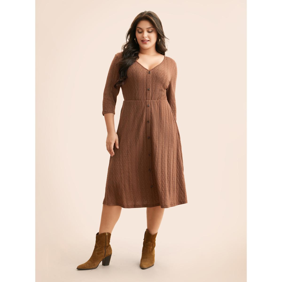 Plus Size Plain Textured Button Detail Midi Dress Yellowishbrown Women Casual Texture V-neck Elbow-length sleeve Curvy BloomChic 30/6X Product Image