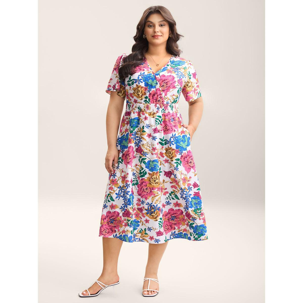 Plus Size Blooming Flowers Surplice Neck Pockets Dress Ivory Women Elegant Shirred Overlap Collar Short sleeve Curvy BloomChic 26/4X Product Image