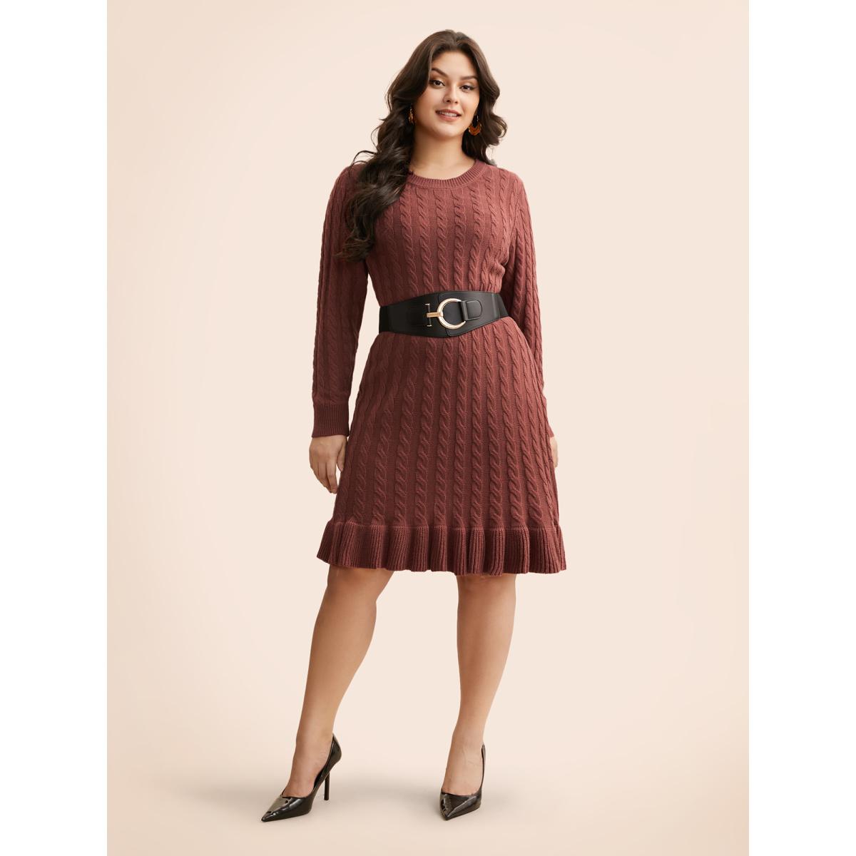 Plus Size Round Neck Cable Knit Ruffle Trim Sweater Dress DustyPink Women Resort Bodycon Long Sleeve Vacation Sweater Dresses BloomChic 10/M Product Image