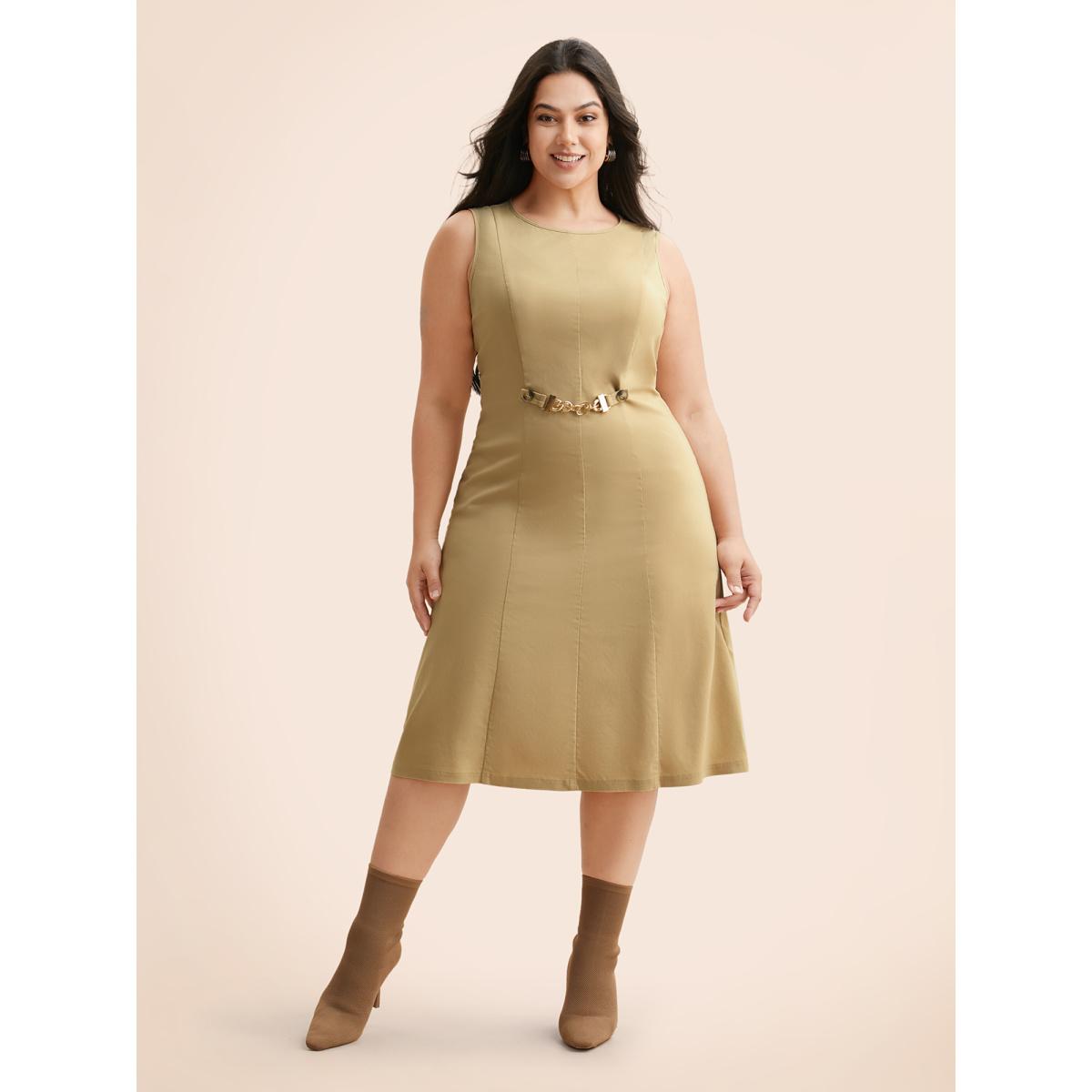 Plus Size Round Neck Metal Chain Detail Tank Dress Champagne Women Elegant Non Round Neck Sleeveless Curvy BloomChic 18-20/2X Product Image