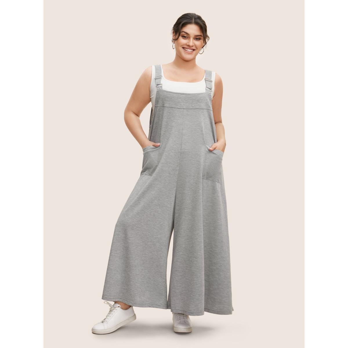 Plus Size Silver Solid Heather Patched Pocket Wide Leg Jumpsuit Women Casual Sleeveless Square Neck Everyday Loose Jumpsuits BloomChic 12/L Product Image
