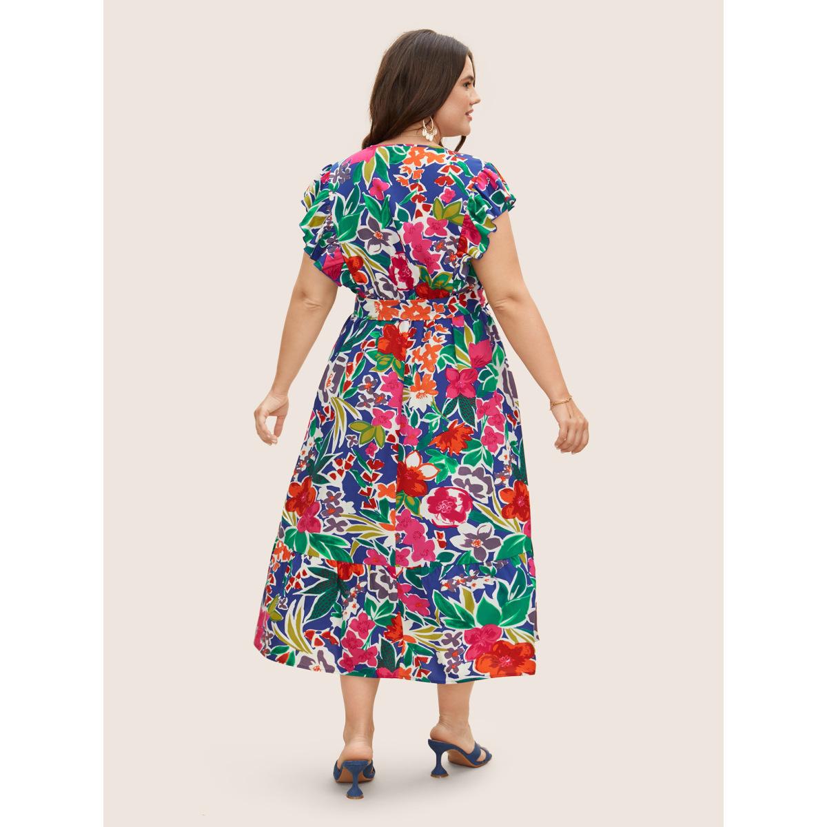 Plus Size Floral Wrap Patchwork Ruffle Cap Sleeve Dress DarkBlue Women Resort Belted V-neck Cap Sleeve Curvy BloomChic 22-24/3X Product Image
